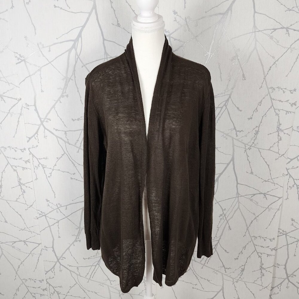 Cortefiel Brown 100% Linen Knit Open Front Cardigan